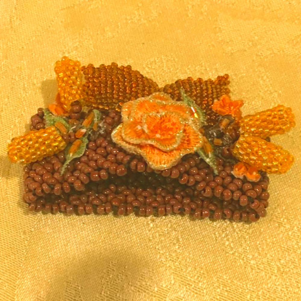 Ornate Orange Floral Bead Stretch Bracelet / Cuff